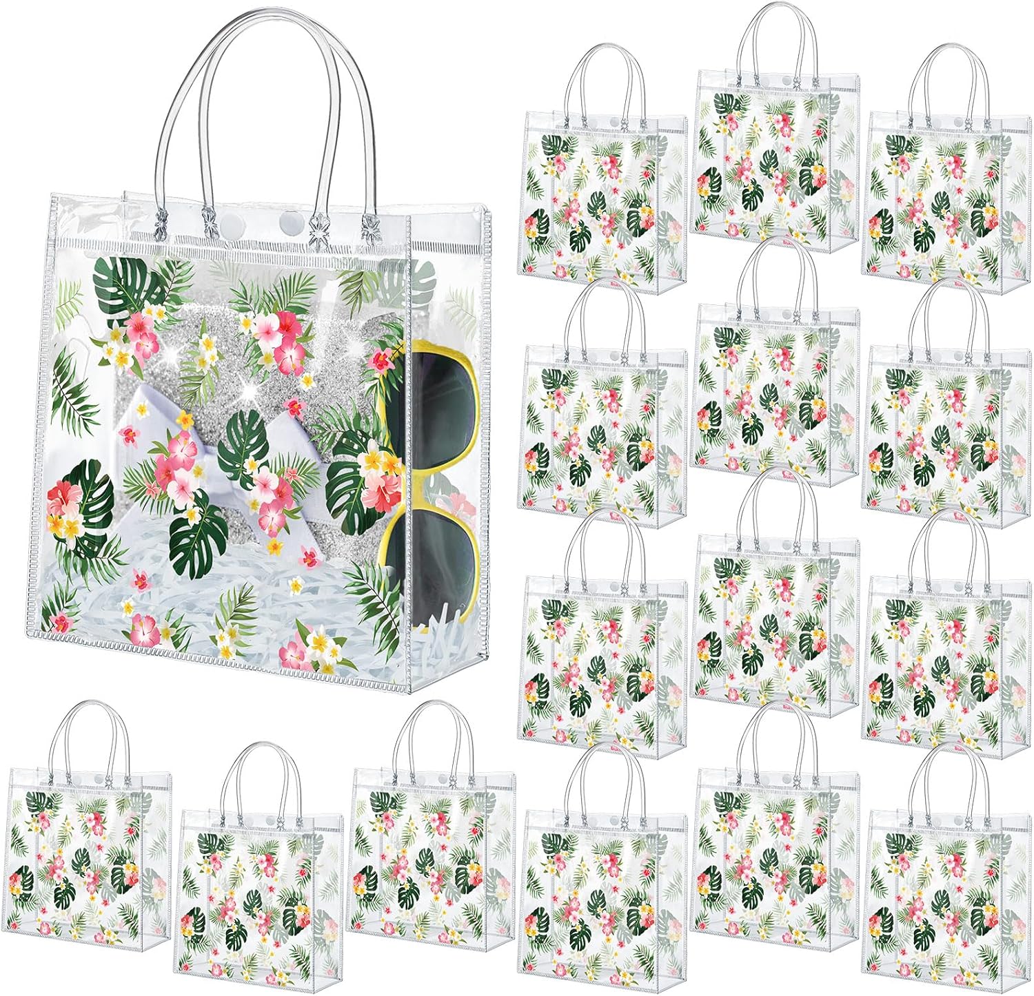 24 Pcs Hawaiian Gift Bags with Handle Luau Party Favors Summer Tropical Jungle Palm Leaf PVC Plastic Clear Aloha Goodie Bulk for Birthday Supplies 8x8x3.15 Inch -