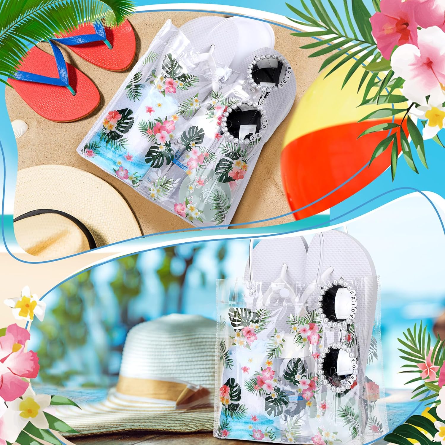 24 Pcs Hawaiian Gift Bags with Handle Luau Party Favors Summer Tropical Jungle Palm Leaf PVC Plastic Clear Aloha Goodie Bulk for Birthday Supplies 8x8x3.15 Inch -