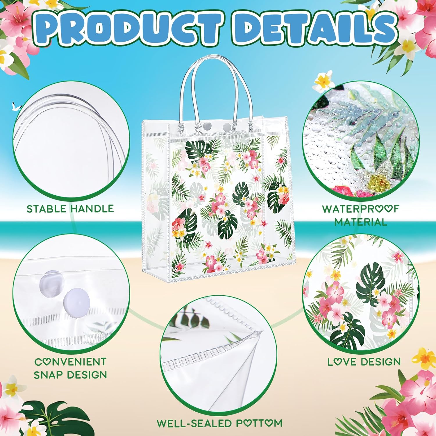 24 Pcs Hawaiian Gift Bags with Handle Luau Party Favors Summer Tropical Jungle Palm Leaf PVC Plastic Clear Aloha Goodie Bulk for Birthday Supplies 8x8x3.15 Inch -