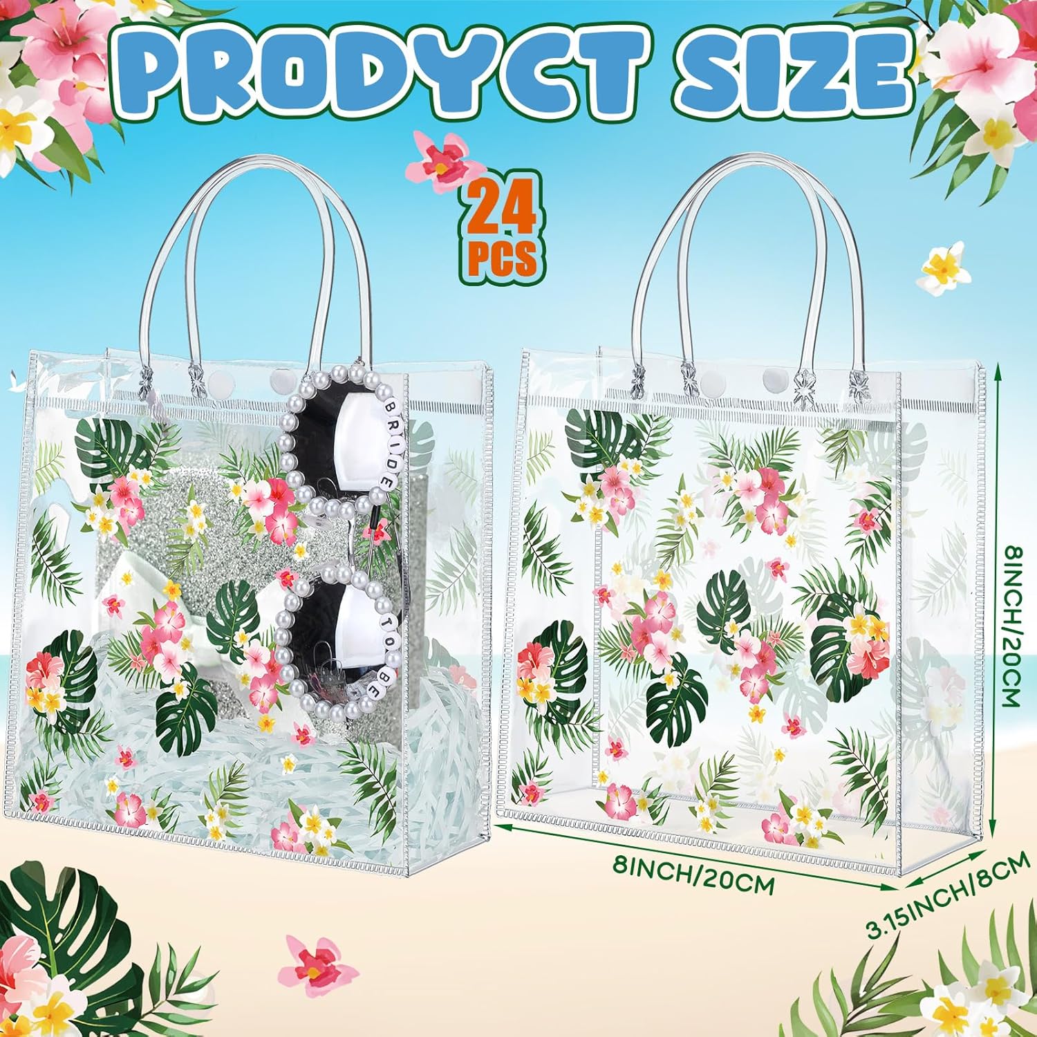 24 Pcs Hawaiian Gift Bags with Handle Luau Party Favors Summer Tropical Jungle Palm Leaf PVC Plastic Clear Aloha Goodie Bulk for Birthday Supplies 8x8x3.15 Inch -