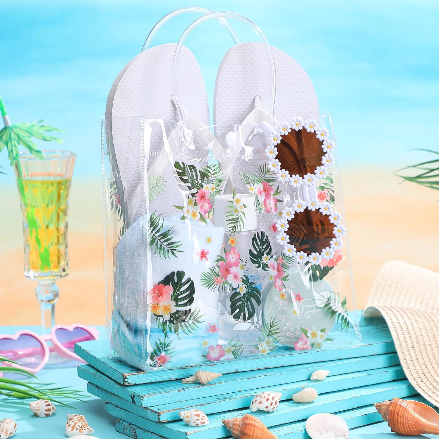 24 Pcs Hawaiian Gift Bags with Handle Luau Party Favors Summer Tropical Jungle Palm Leaf PVC Plastic Clear Aloha Goodie Bulk for Birthday Supplies 8x8x3.15 Inch -