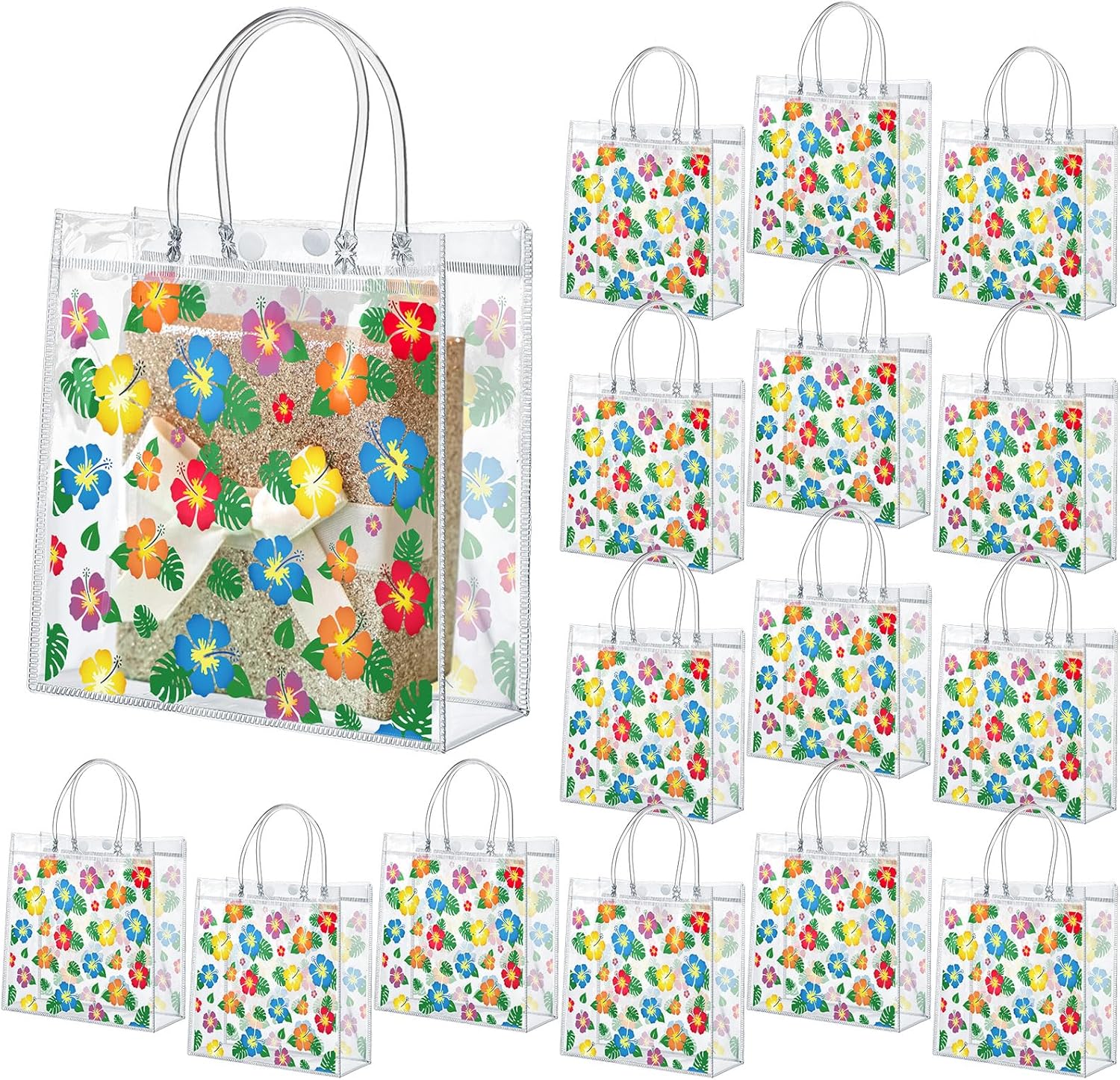 24 Pcs Hawaiian Hibiscus Clear Gift Bags with Handle Plastic PVC Summer Tiki Luau Treat Goodie Favor Tote for Tropical Aloha Theme Party Birthday Present Giving, 8 x 3.15 -