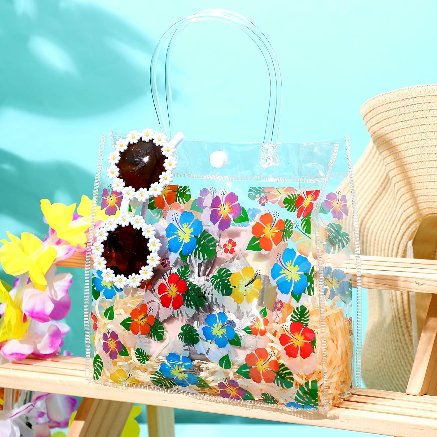 24 Pcs Hawaiian Hibiscus Clear Gift Bags with Handle Plastic PVC Summer Tiki Luau Treat Goodie Favor Tote for Tropical Aloha Theme Party Birthday Present Giving, 8 x 3.15 -