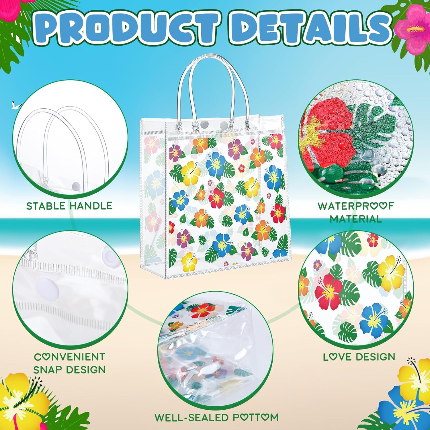 24 Pcs Hawaiian Hibiscus Clear Gift Bags with Handle Plastic PVC Summer Tiki Luau Treat Goodie Favor Tote for Tropical Aloha Theme Party Birthday Present Giving, 8 x 3.15 -