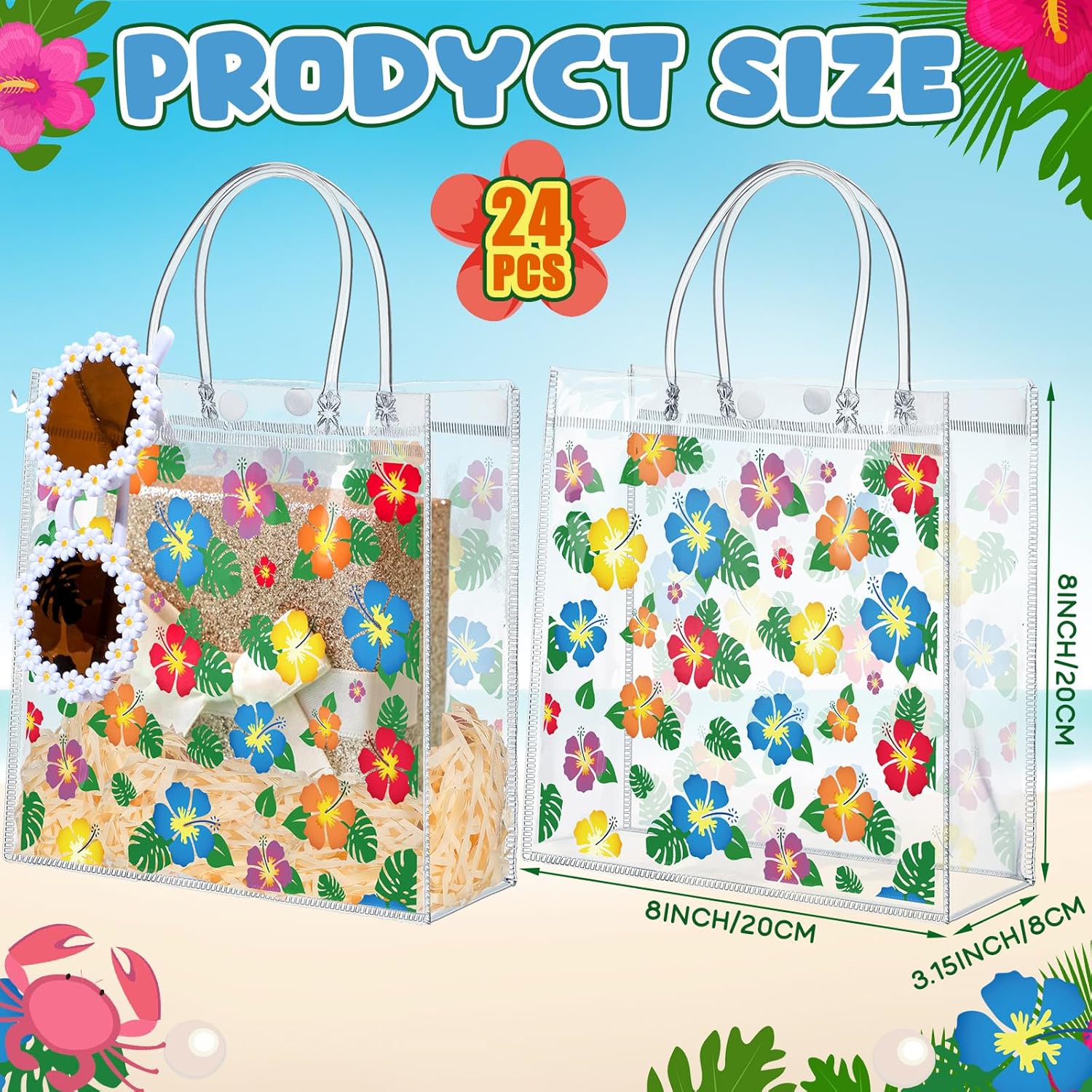 24 Pcs Hawaiian Hibiscus Clear Gift Bags with Handle Plastic PVC Summer Tiki Luau Treat Goodie Favor Tote for Tropical Aloha Theme Party Birthday Present Giving, 8 x 3.15 -