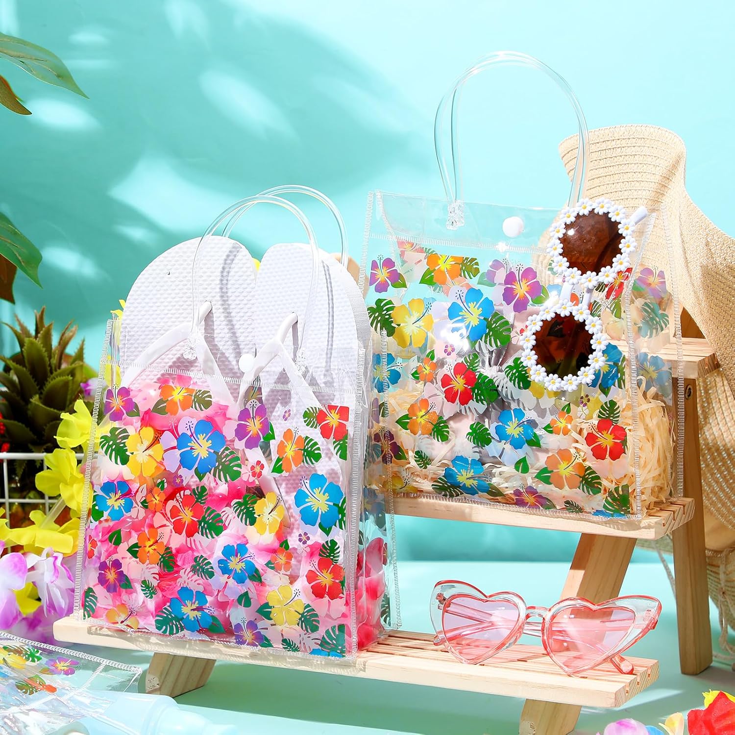 24 Pcs Hawaiian Hibiscus Clear Gift Bags with Handle Plastic PVC Summer Tiki Luau Treat Goodie Favor Tote for Tropical Aloha Theme Party Birthday Present Giving, 8 x 3.15 -