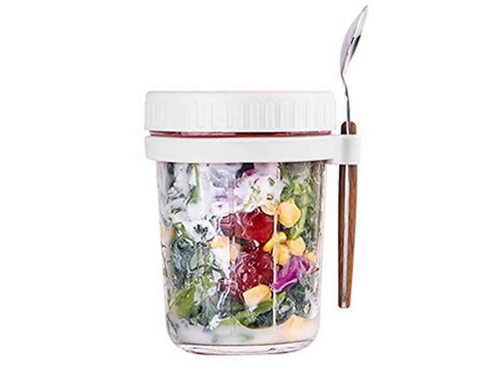 1pc 350ml Glass Oats Container with Lid & Spoon Salad Jar Cup White