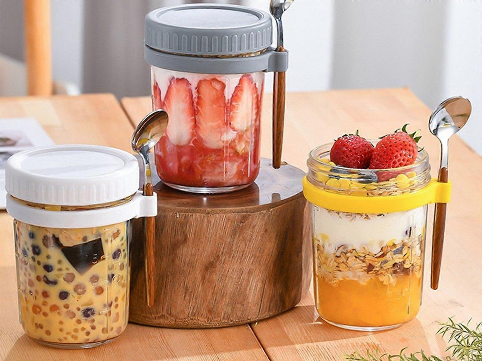 1pc 350ml Glass Oats Container with Lid & Spoon Salad Jar Cup White