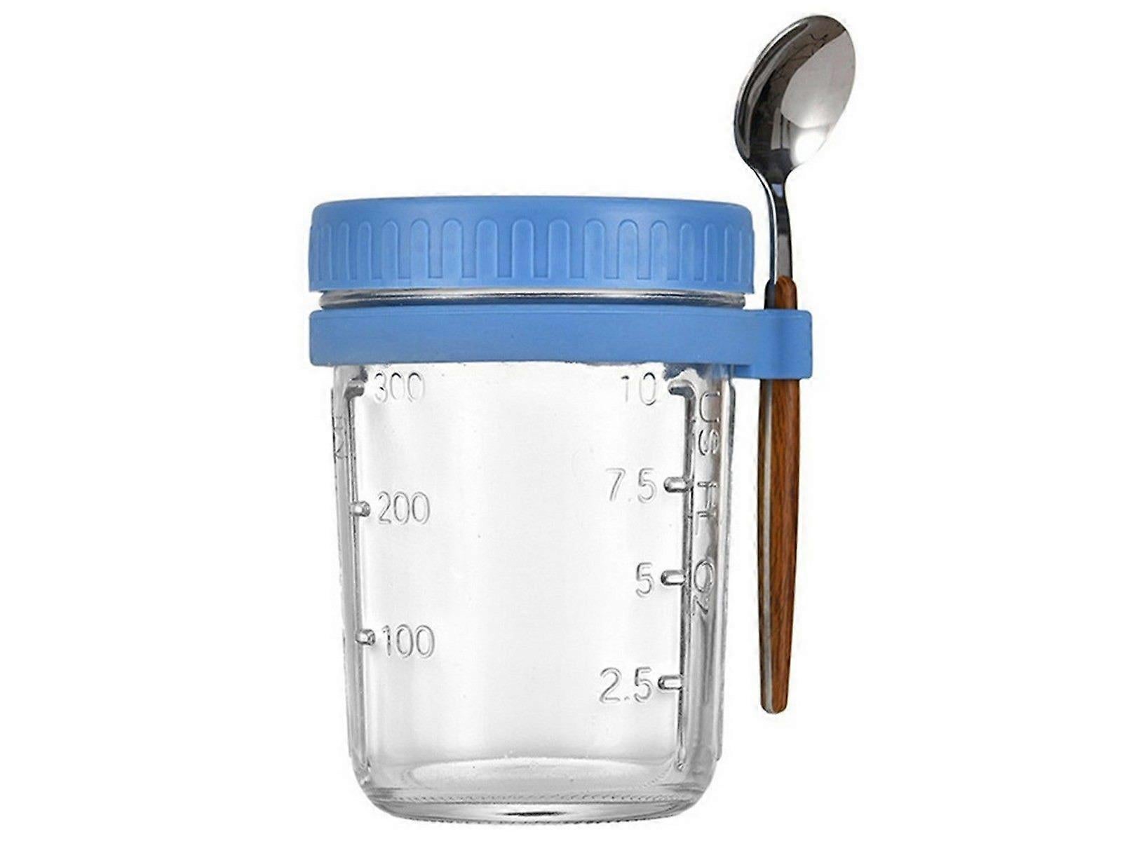1pc 350ml Glass Oats Container with Lid & Spoon Salad Jar Cup Blue
