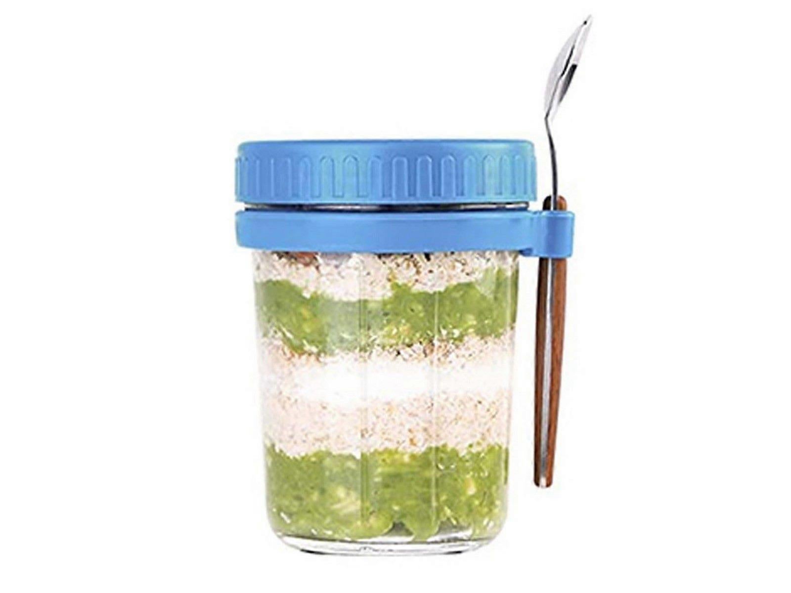 1pc 350ml Glass Oats Container with Lid & Spoon Salad Jar Cup Blue