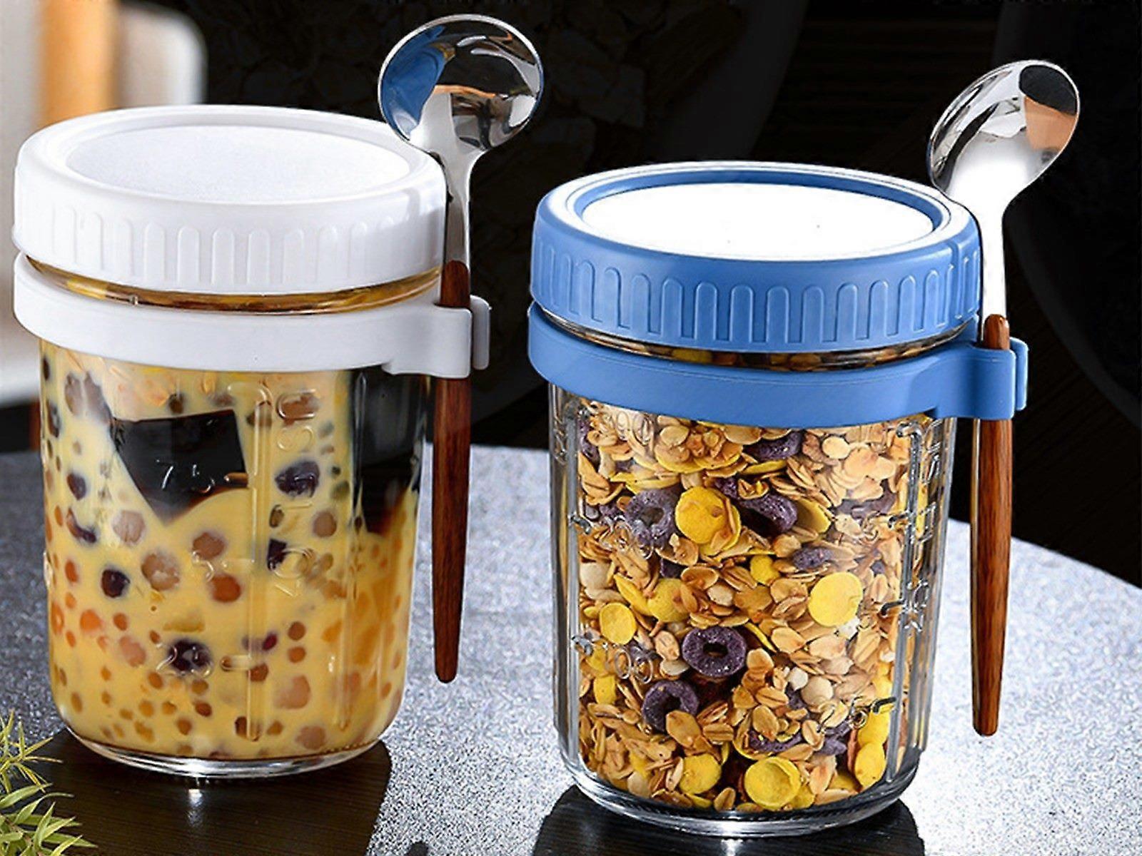 1pc 350ml Glass Oats Container with Lid & Spoon Salad Jar Cup Blue