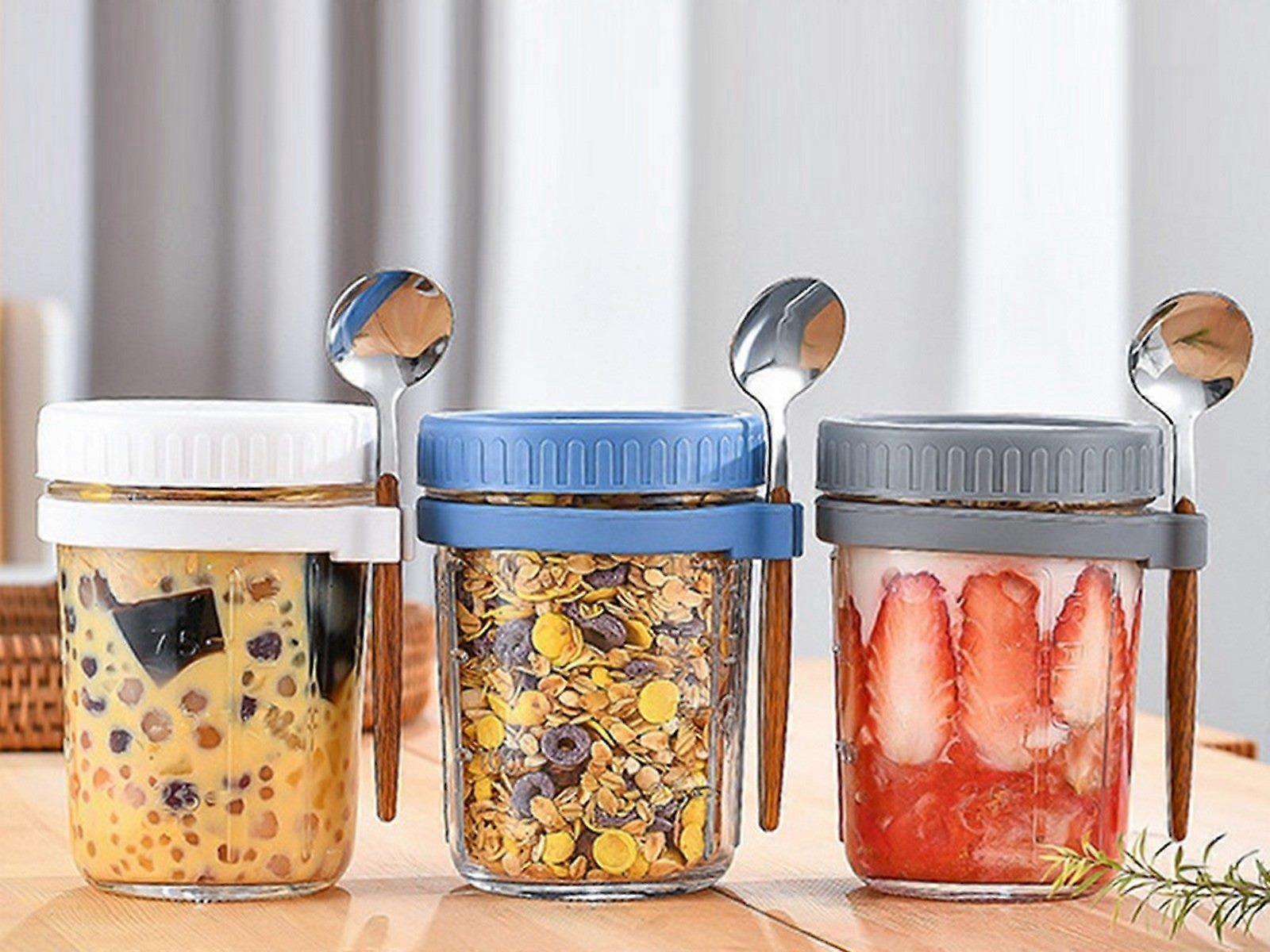 1pc 350ml Glass Oats Container with Lid & Spoon Salad Jar Cup Blue