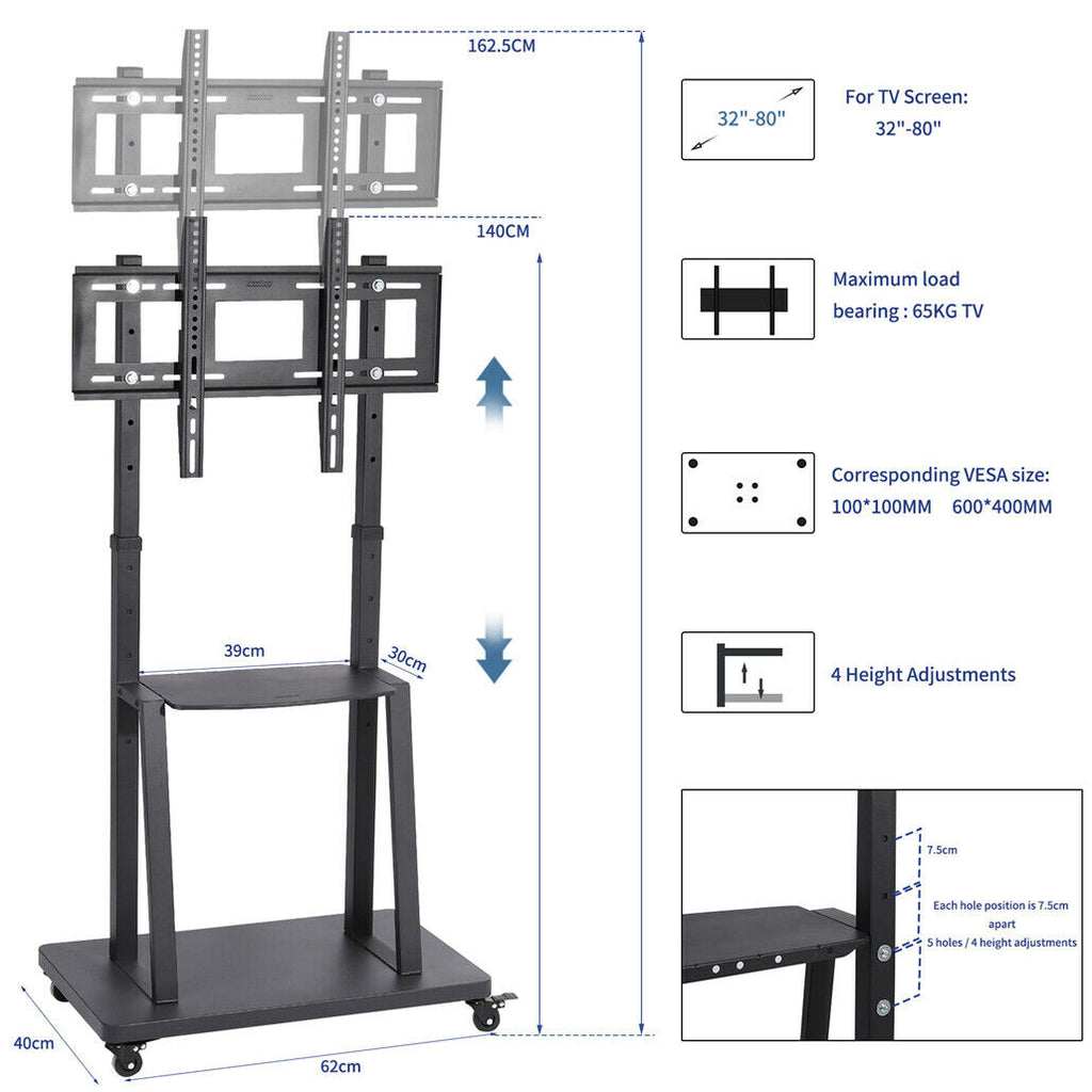32-80 Rolling TV Stand with 2-Tier Shelf Adjustable Mount