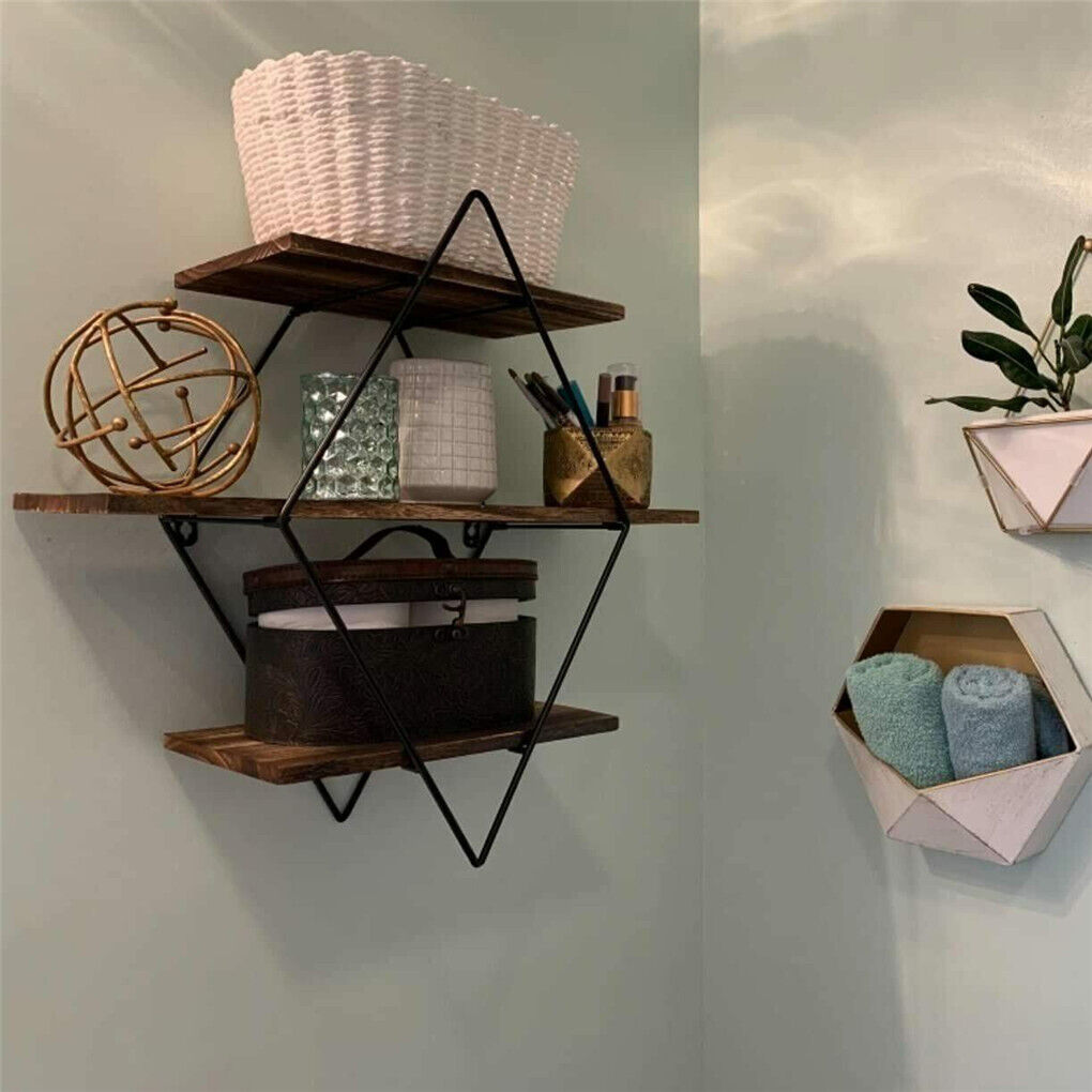 3-Tier Rustic Floating Wall Shelves Wood Display Books