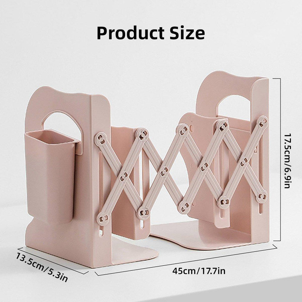 Adjustable Desktop Bookshelf Organizer With Pen Holder Folding Book Storage Rack - White