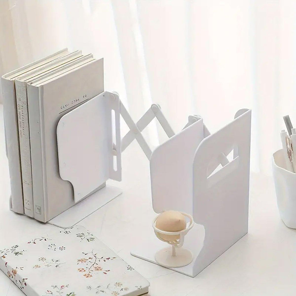 Adjustable Desktop Bookshelf Organizer With Pen Holder Folding Book Storage Rack - White