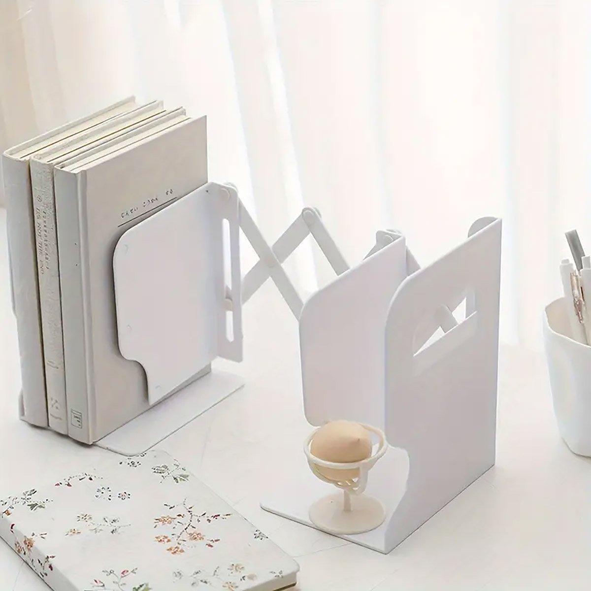 Adjustable Desktop Bookshelf Organizer With Pen Holder Folding Book Storage Rack - White