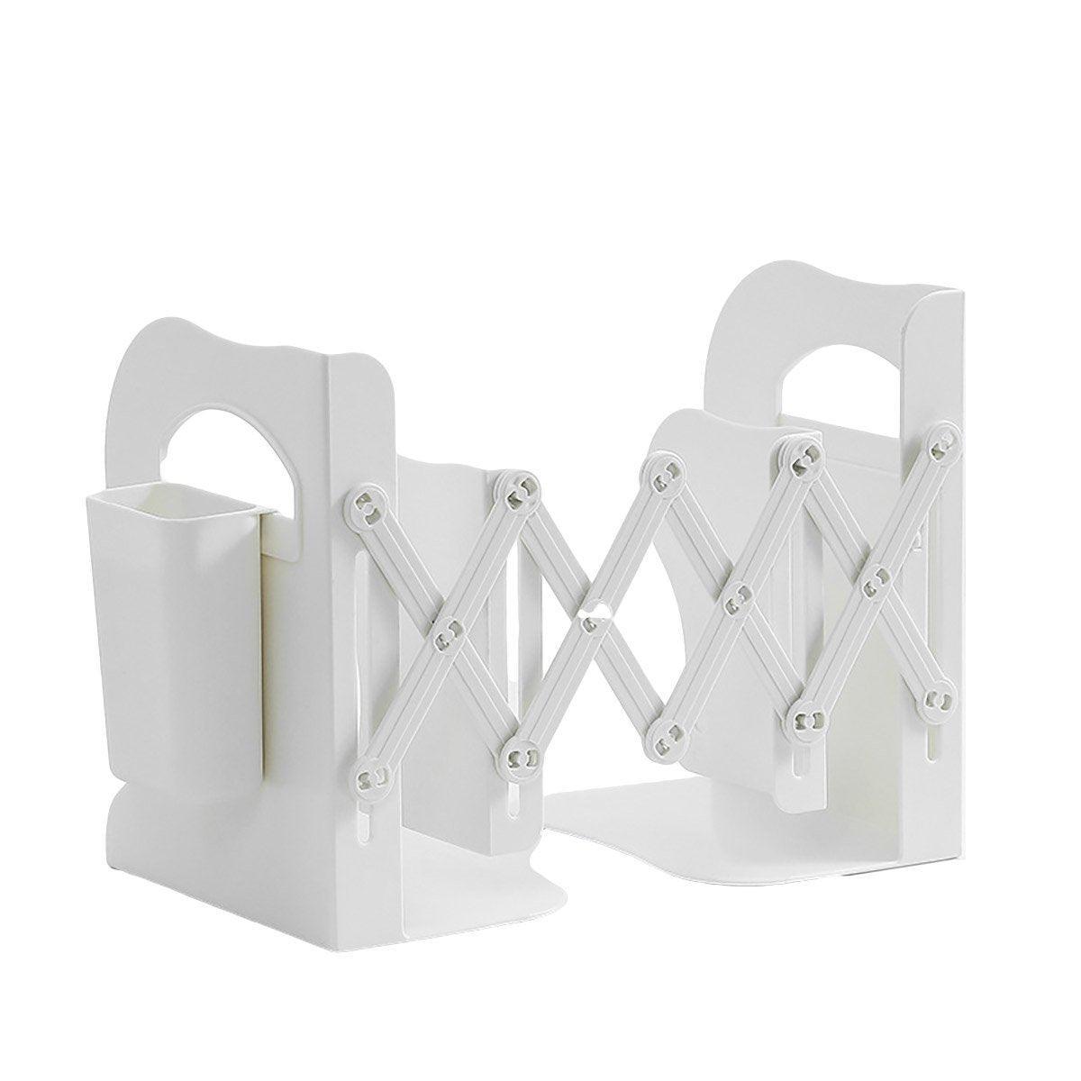 Adjustable Desktop Bookshelf Organizer With Pen Holder Folding Book Storage Rack - White