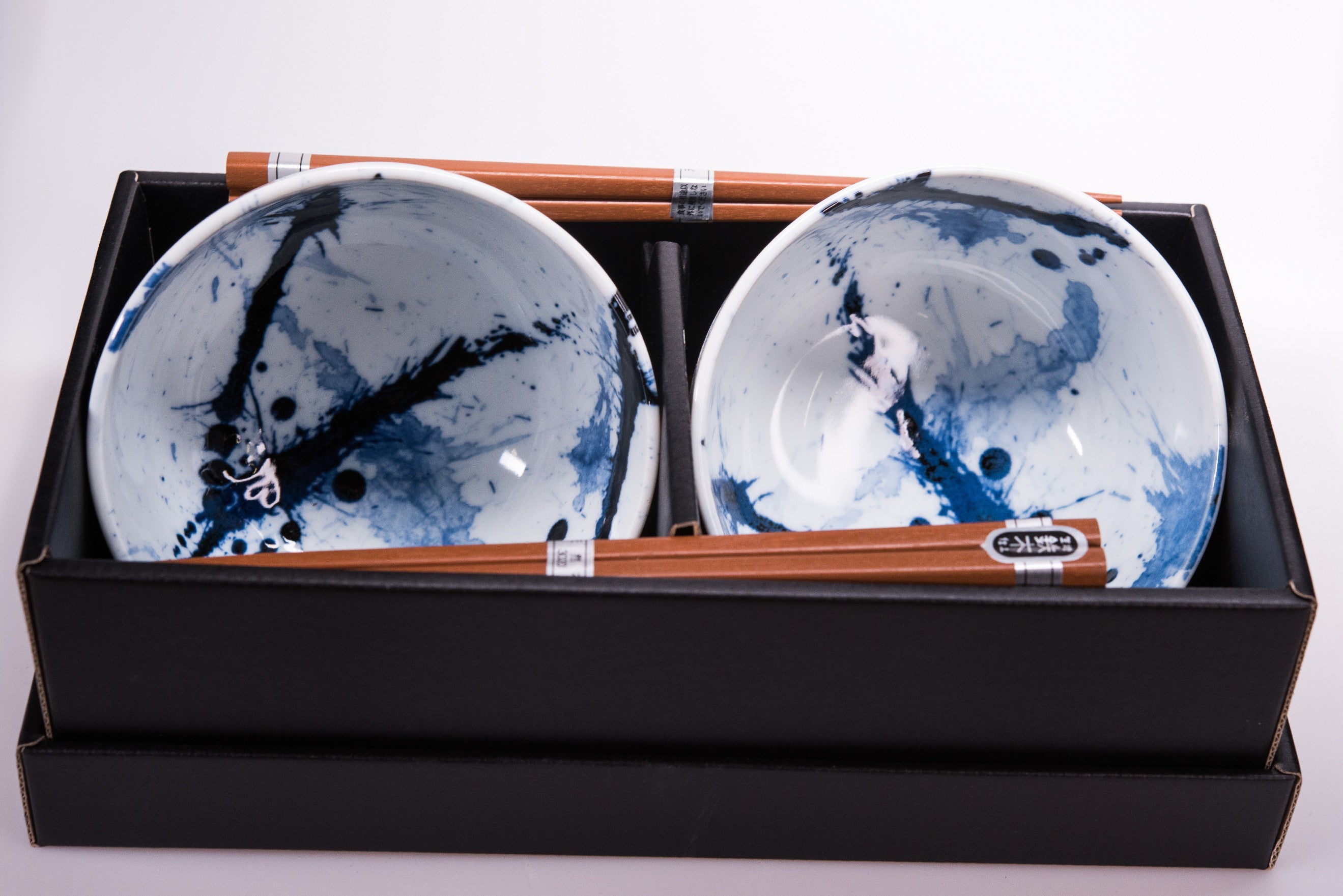 Bowl Set 2pcs with Chopsticks Blue White Splash Design