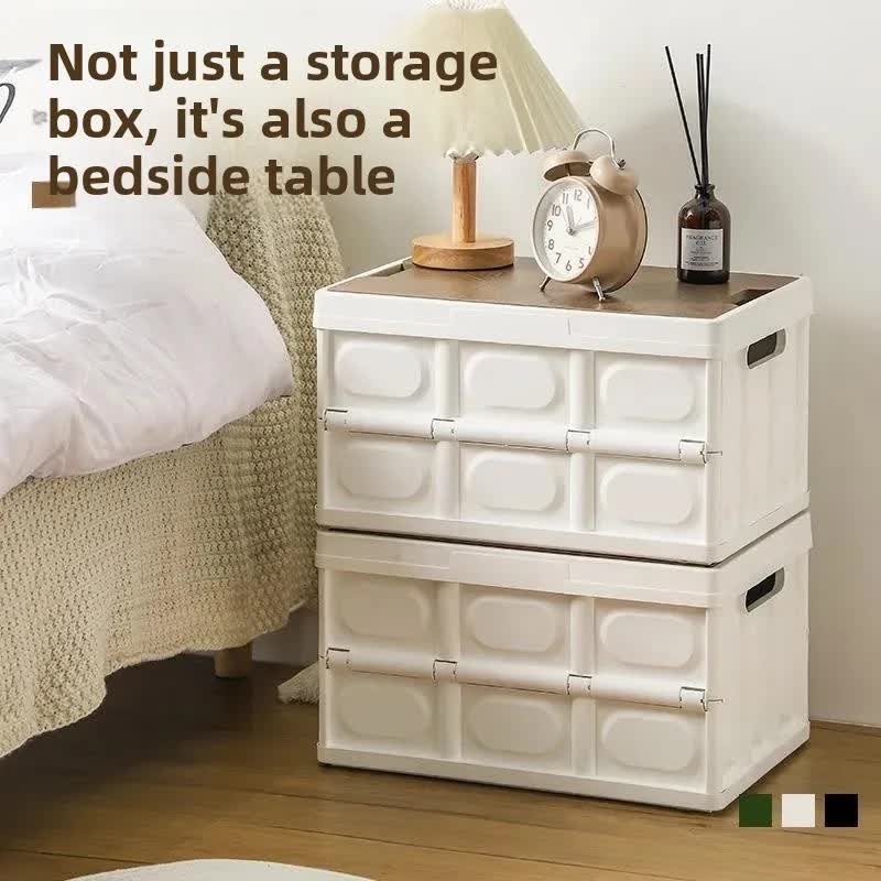 White Collapsible Medium Side-Open Storage Box with Wooden Table Top(42x28x23CM) - Car Trunk Organiser for Australian Camping & Home Use