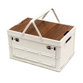 White Collapsible Medium Side-Open Handle Storage Box with Wooden Table Top(42x28x23CM) - Car Trunk Organiser for Australian Camping & Home Use