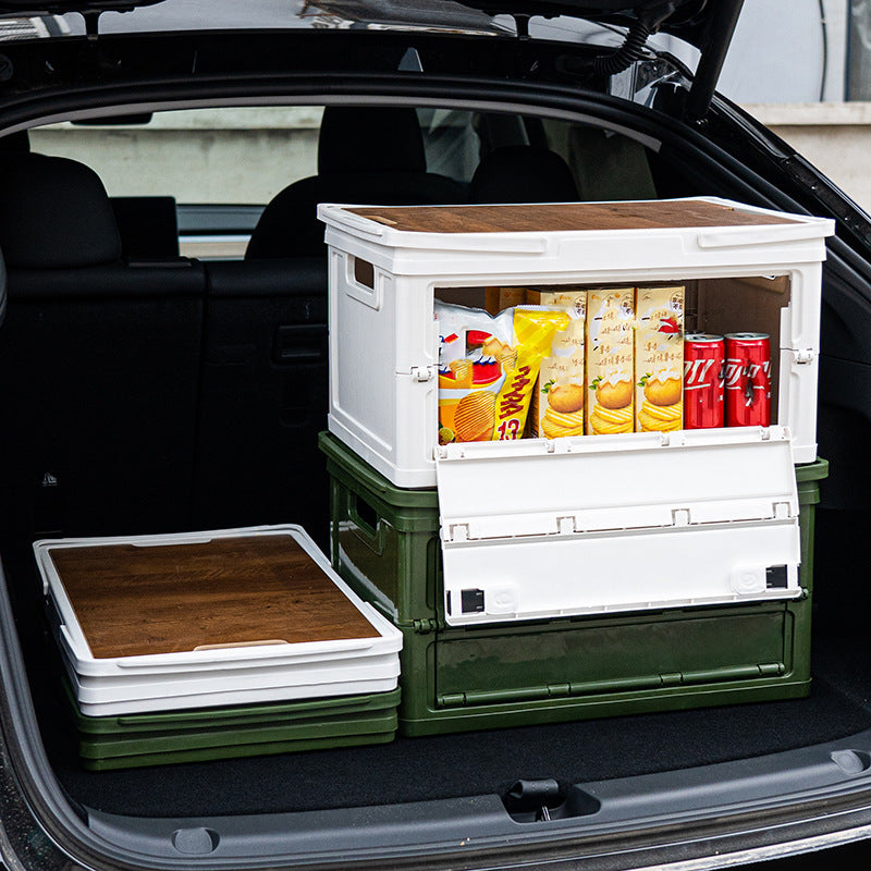 White Collapsible Medium Side-Open Handle Storage Box with Wooden Table Top(42x28x23CM) - Car Trunk Organiser for Australian Camping & Home Use