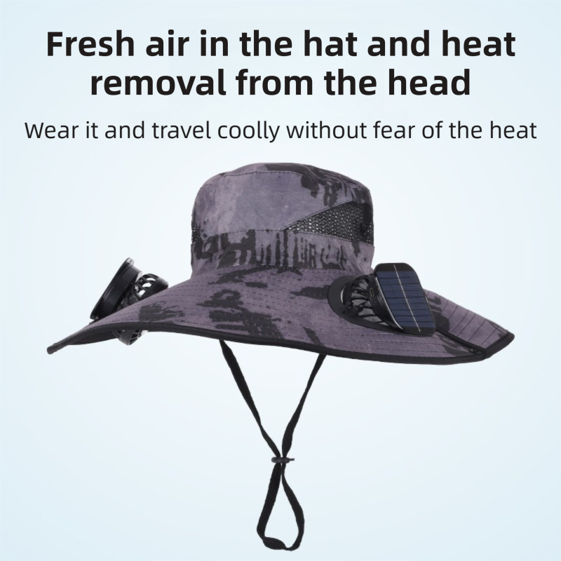 Light Grey Dual Turbo Fan Sun Hat with Square Solar Panel & TypeC Interface - Waterproof 14cm Wide-Brim Cooling Hat for Outdoor Fishing Hiking Camping