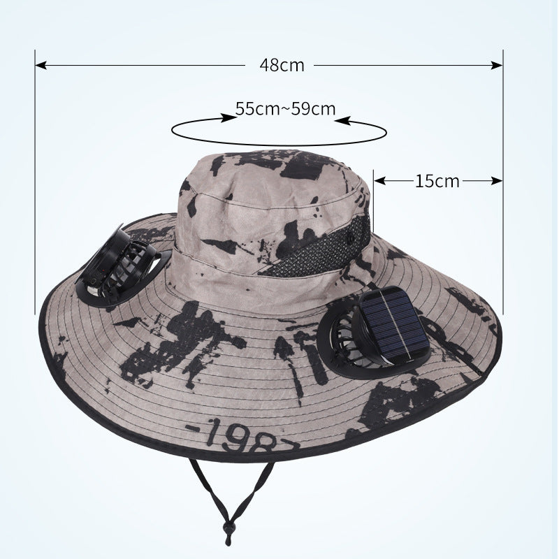 Light Grey Dual Turbo Fan Sun Hat with Square Solar Panel & TypeC Interface - Waterproof 14cm Wide-Brim Cooling Hat for Outdoor Fishing Hiking Camping