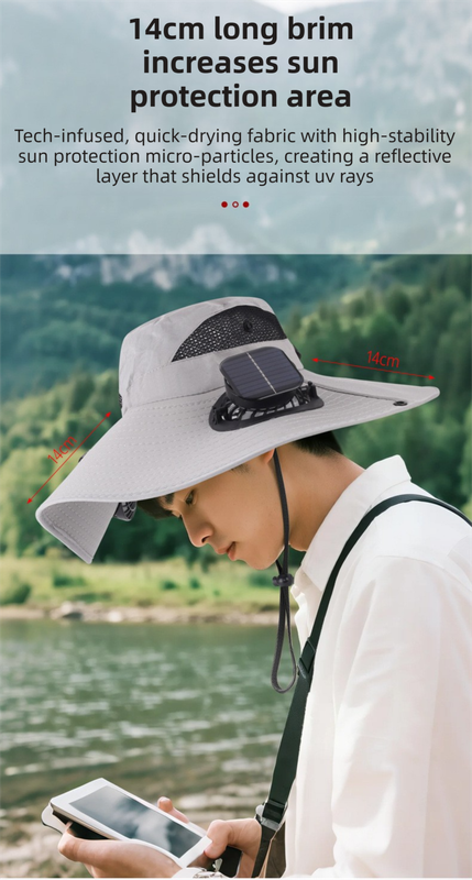 Light Grey Dual Turbo Fan Sun Hat with Square Solar Panel & TypeC Interface - Waterproof 14cm Wide-Brim Cooling Hat for Outdoor Fishing Hiking Camping