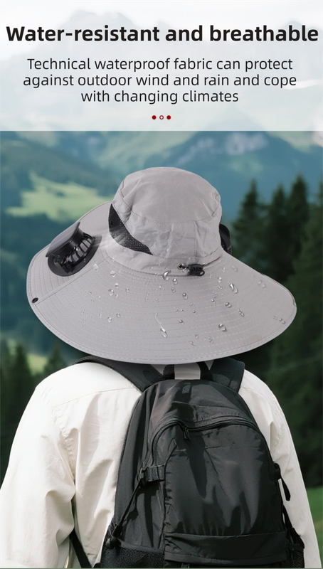 Camouflage Khaki Dual Turbo Fan Sun Hat with Round Solar Panel & TypeC Interface - Waterproof 14cm Wide-Brim Cooling Hat for Outdoor Fishing Hiking Camping