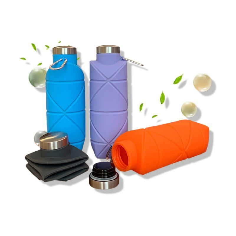Blue 700ml Collapsible Silicone Water Bottle with Diamond Pattern - Food-Grade Portable Sports Bottle for Hiking, Camping, Travel & Gym - Leak-Proof Foldable Design with Carabiner Clip