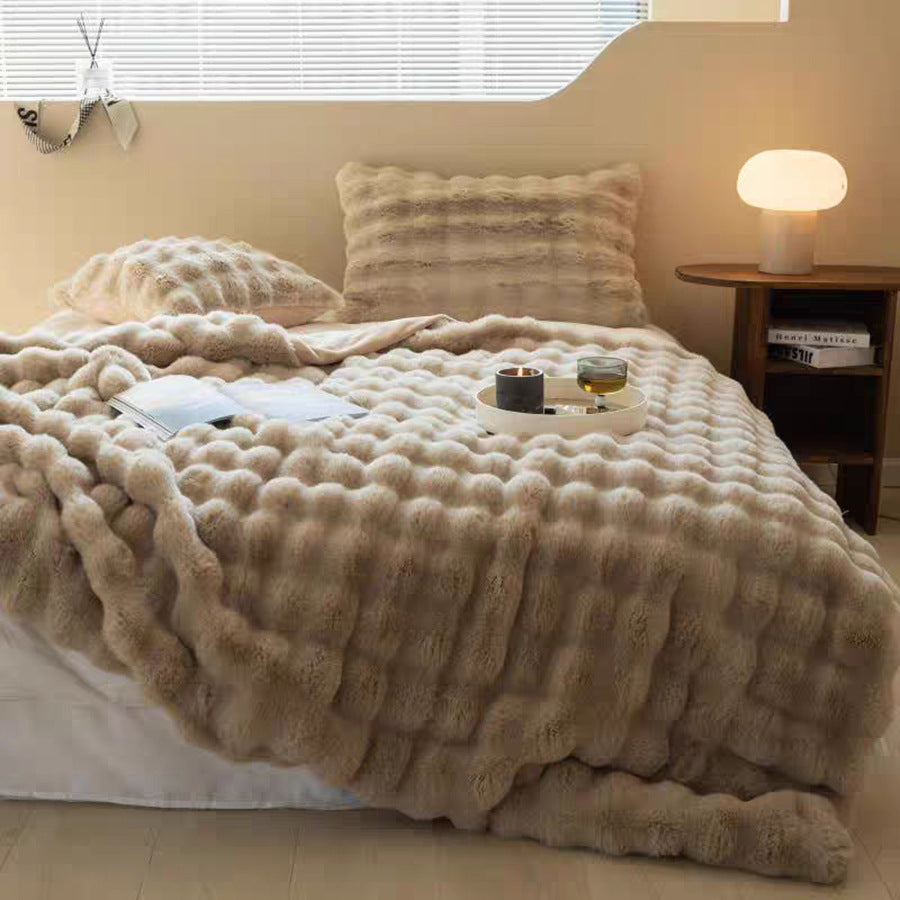 2-Pack Brown Luxury Tuscany Fleece Rabbit Fur Bubble Blanket (45 x 45 CM) - Double-Sided Thickened Soft Plush Bedding & Cushion Cover