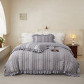 Grey Elegant Ruffle Seersucker Duvet Cover with 2PCS Pillow Shams - 3-Piece Vertical Stripe Clipped Floral Textured Bedding (Queen Size 229 x 229 CM)