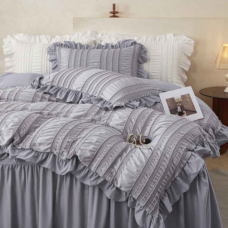 Beige Elegant Ruffle Seersucker Duvet Cover with 2PCS Pillow Shams - 3-Piece Vertical Stripe Clipped Floral Textured Bedding (Queen Size 229 x 229 CM)