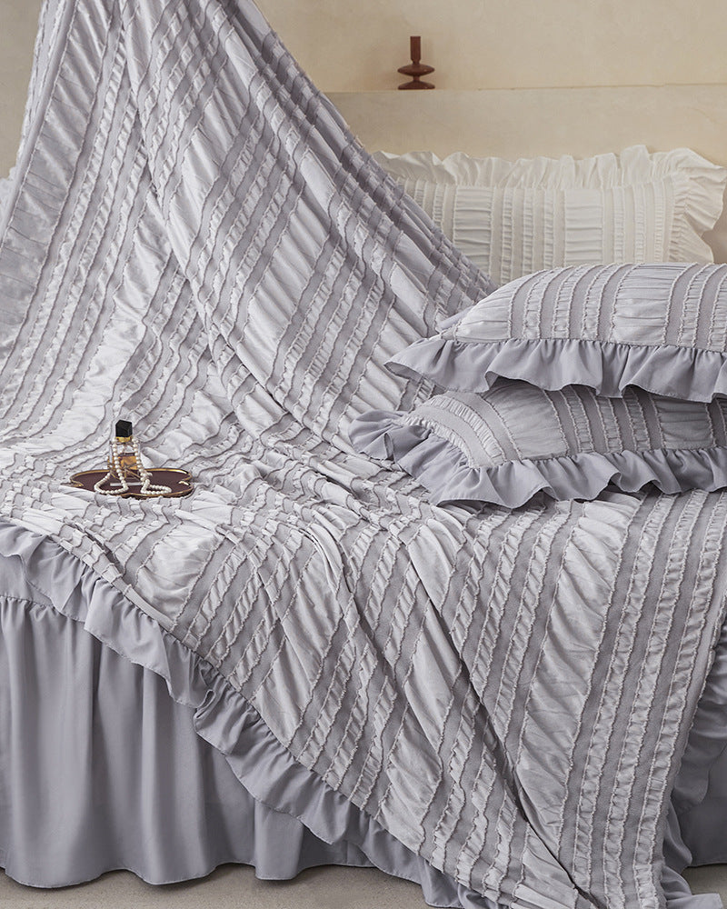 Beige Elegant Ruffle Seersucker Duvet Cover with 2PCS Pillow Shams - 3-Piece Vertical Stripe Clipped Floral Textured Bedding (Queen Size 229 x 229 CM)