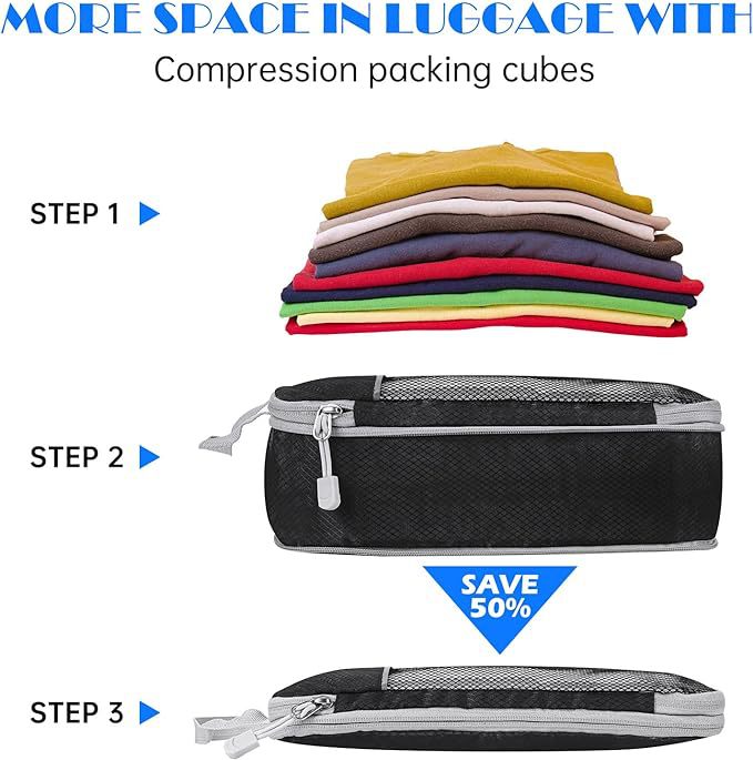 Grey Waterproof Travel Compression Packing Cube Set of 5 Sizes with Carry Handles - 50% Space Saving Breathable Nylon Luggage Organizer
