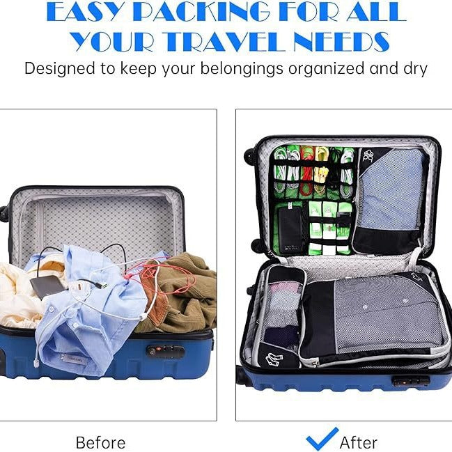 Grey Waterproof Travel Compression Packing Cube Set of 5 Sizes with Carry Handles - 50% Space Saving Breathable Nylon Luggage Organizer