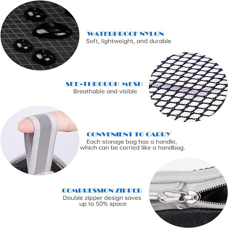 Green Waterproof Travel Compression Packing Cube Set of 5 Sizes with Carry Handles - 50% Space Saving Breathable Nylon Luggage Organizer