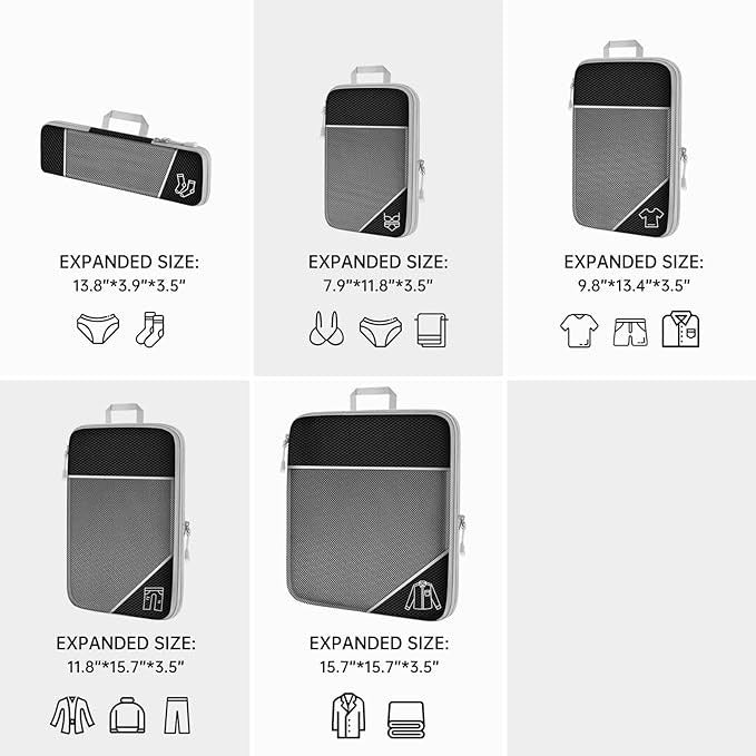 Green Waterproof Travel Compression Packing Cube Set of 5 Sizes with Carry Handles - 50% Space Saving Breathable Nylon Luggage Organizer