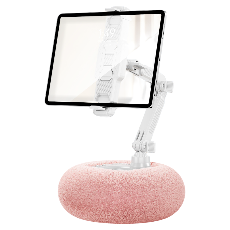 2-in-1 Pink Soft Plush Pillow Base & Tablet Holder - 3-Axis 180° Rotation, Height Adjustable and Telescopic Clamp Stand, Relieve Arm Fatigue and Neck Strain