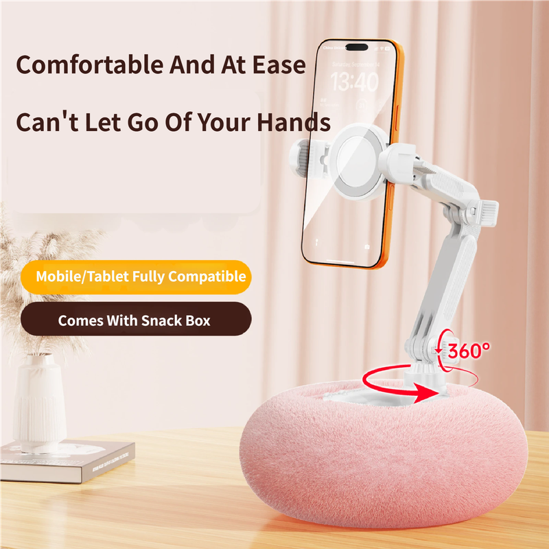 2-in-1 Pink Soft Plush Pillow Base & Tablet Holder - 3-Axis 180° Rotation, Height Adjustable and Telescopic Clamp Stand, Relieve Arm Fatigue and Neck Strain