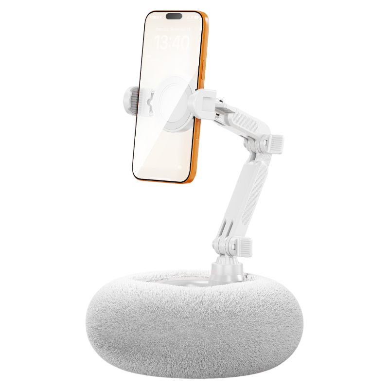 2-in-1 White Soft Plush Pillow Base & Phone Holder - 3-Axis 180° Rotation, Height Adjustable and Telescopic Clamp Stand, Relieve Arm Fatigue and Neck Strain