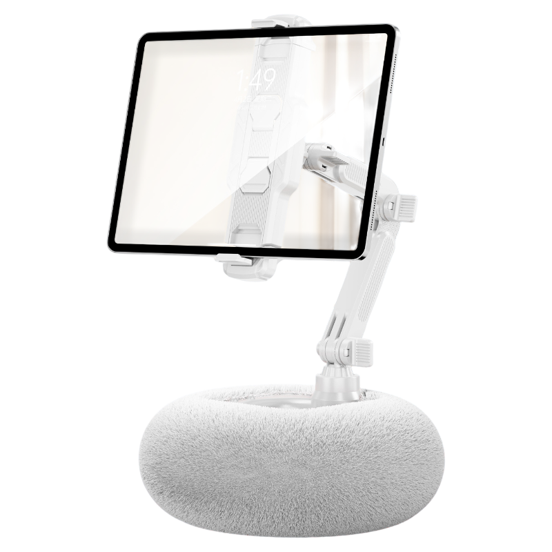 2-in-1 White Soft Plush Pillow Base & Tablet Holder - 3-Axis 180° Rotation, Height Adjustable and Telescopic Clamp Stand, Relieve Arm Fatigue and Neck Strain