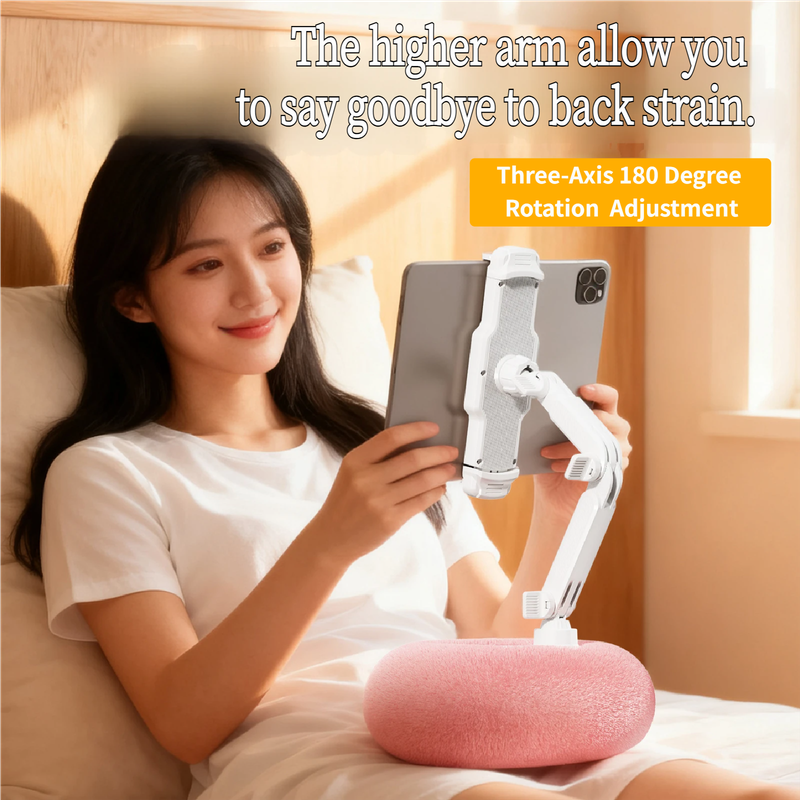 2-in-1 White Soft Plush Pillow Base & Tablet Holder - 3-Axis 180° Rotation, Height Adjustable and Telescopic Clamp Stand, Relieve Arm Fatigue and Neck Strain