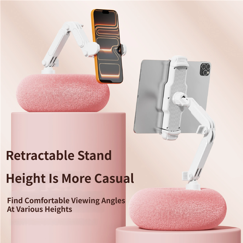 2-in-1 White Soft Plush Pillow Base & Tablet Holder - 3-Axis 180° Rotation, Height Adjustable and Telescopic Clamp Stand, Relieve Arm Fatigue and Neck Strain