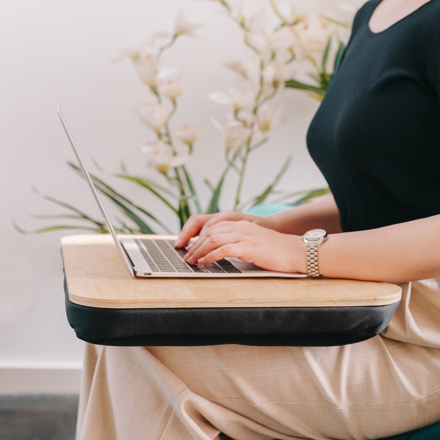 2 Pcs Portable Bamboo Lap Tray Workstation – Bamboo/Plywood Top, Soft Micro-Bead Base
