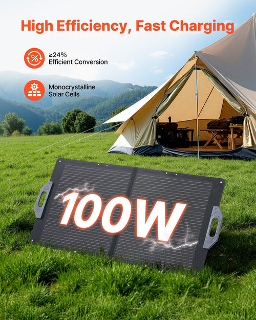 100W Foldable Solar Panel, 24% High-Efficiency Portable Monocrystalline Solar Panel Charger with MC4 Output, USB-A, Type-C & DC Ports, IP65 Waterproof for Power Stations, Camping, Hiking Trips