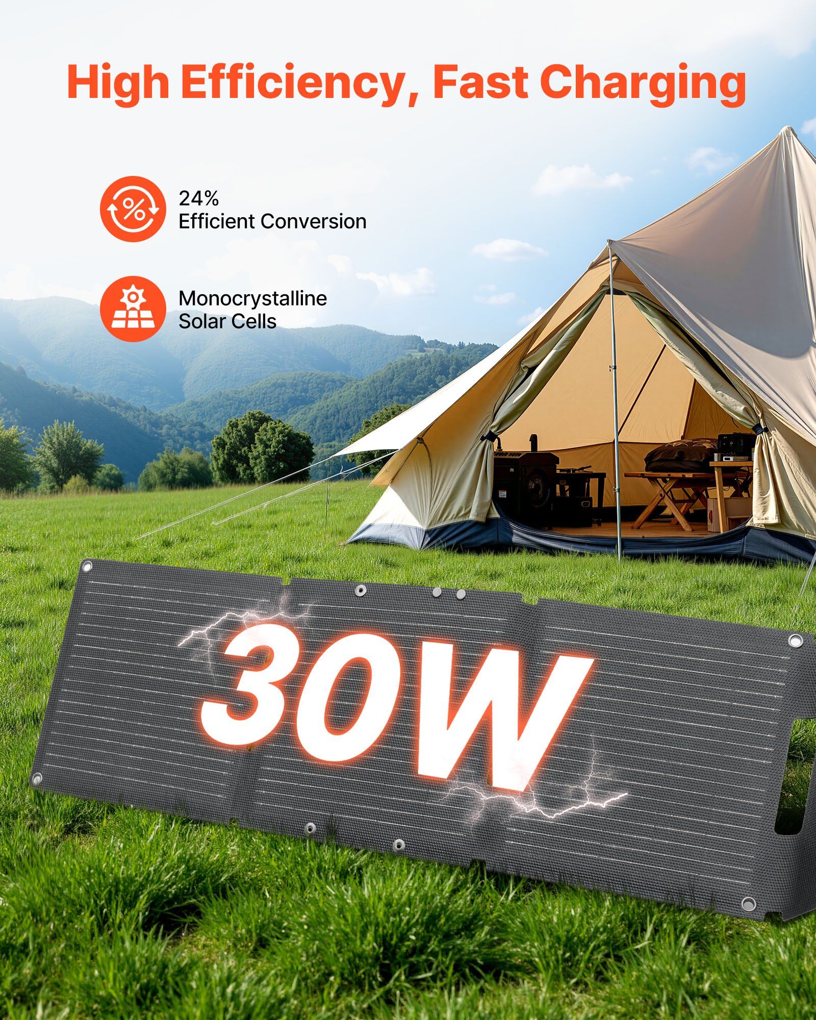 30W Foldable Solar Panel Charger, 16BB N-Type Monocrystalline Solar Panel 24% Efficiency, Ultra-Light Portable with USB-A, USB-A (QC3.0) & Type-C Ports for Camping, Backpacking, Phones, Tablets
